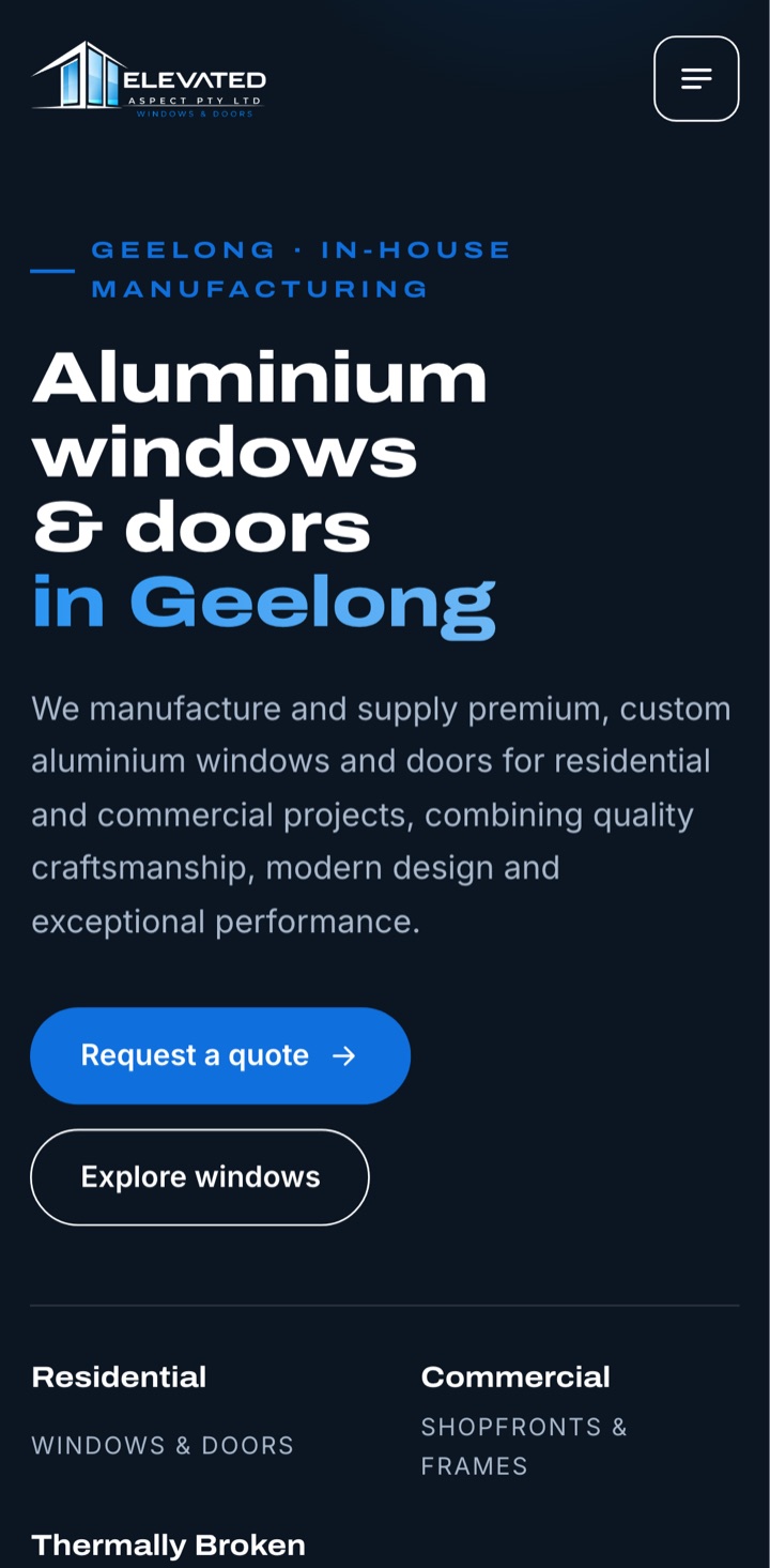Elevated Aspect website, mobile view